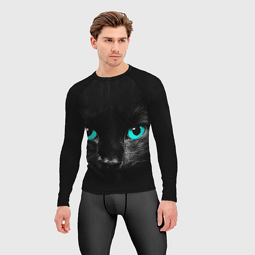 Мужской рашгард Чёрный кот с бирюзовыми глазами / 3D-принт – фото 3