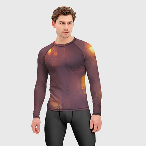 Мужской рашгард Викторианский дом и старые фонари с тыквами в пурп / 3D-принт – фото 3