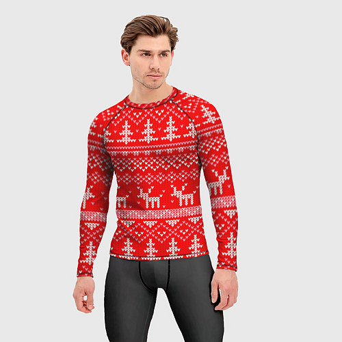 Мужской рашгард Рождественский красный свитер с оленями / 3D-принт – фото 3