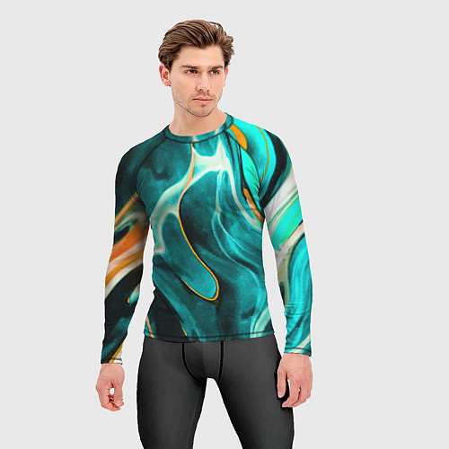 Мужской рашгард Жидкая краска - голубые разводы / 3D-принт – фото 3