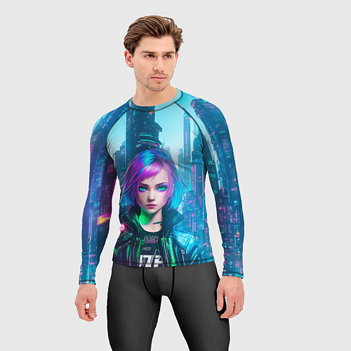 Мужской рашгард Девушка в стиле киберпанк на фоне неонового города / 3D-принт – фото 3