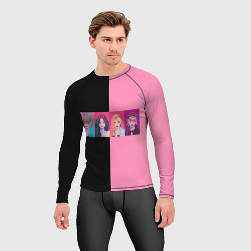 Мужской рашгард Группа Black pink на черно-розовом фоне / 3D-принт – фото 3