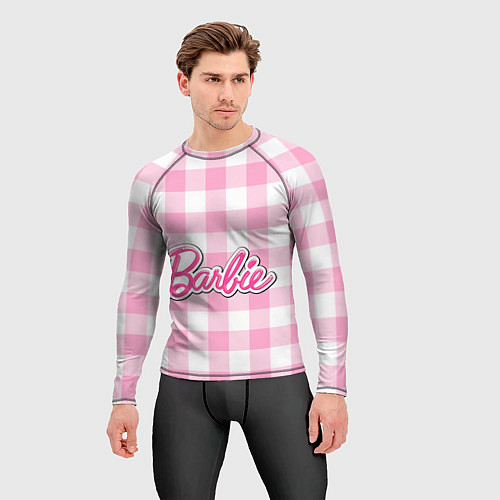Мужской рашгард Барби лого розовая клетка / 3D-принт – фото 3