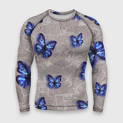 Рашгард мужской Газетные обрывки и синие бабочки, цвет: 3D-принт