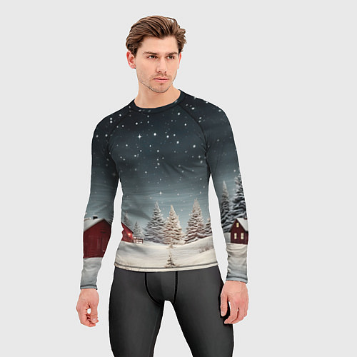 Мужской рашгард Зимний пейзаж с елями и снегом / 3D-принт – фото 3