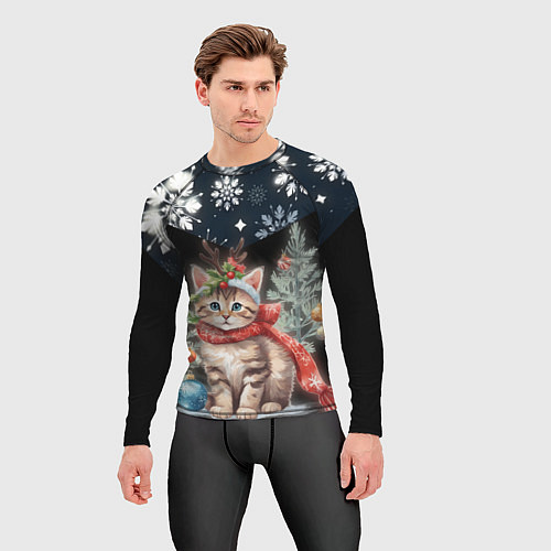 Мужской рашгард Новогодний котик у ёлок в шарфе горы в снежинках / 3D-принт – фото 3