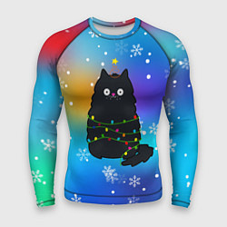 Рашгард мужской Новогодний котик и снежинки, цвет: 3D-принт