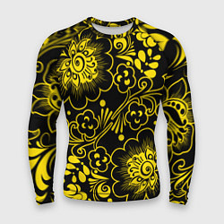 Рашгард мужской Хохломская роспись золотые цветы на чёроном фоне, цвет: 3D-принт