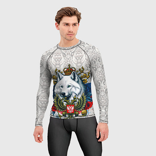 Мужской рашгард Белый русский волк и герб России / 3D-принт – фото 3