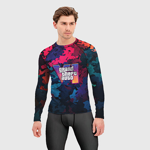Мужской рашгард GTA 6 logo яркий неоновый камуфляжный стиль / 3D-принт – фото 3