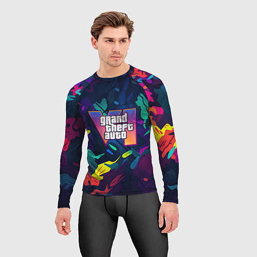 Мужской рашгард GTA 6 logo яркий неоновый камуфляжный стиль / 3D-принт – фото 3