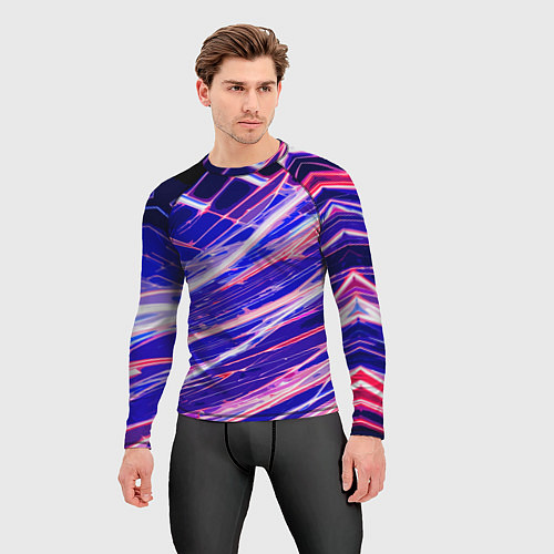 Мужской рашгард Белые и красные линии на синем фоне / 3D-принт – фото 3