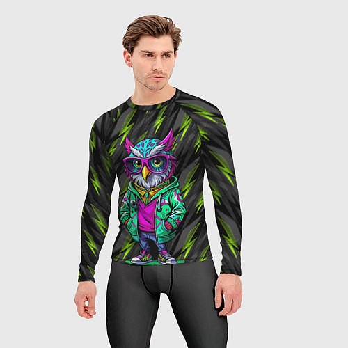Мужской рашгард Модная сова и зеленые молнии / 3D-принт – фото 3
