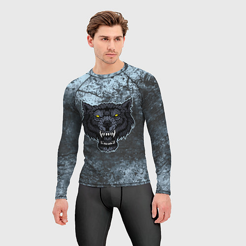 Мужской рашгард Темно-синий злой волк на абстрактном фоне / 3D-принт – фото 3