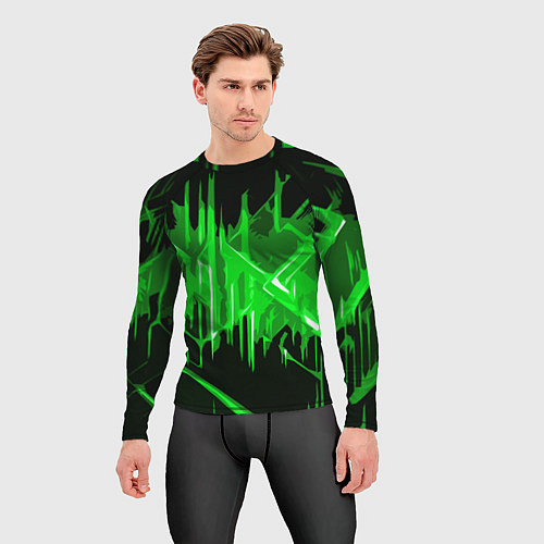 Мужской рашгард Зелёная агрессивная абстракция на чёрном фоне / 3D-принт – фото 3