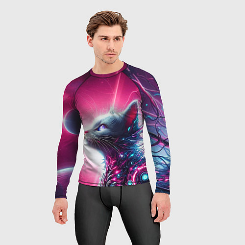 Мужской рашгард Космический кибер котёнок - неоновое свечение / 3D-принт – фото 3