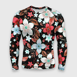 Мужской рашгард Красно-белые цветы на чёрном фоне