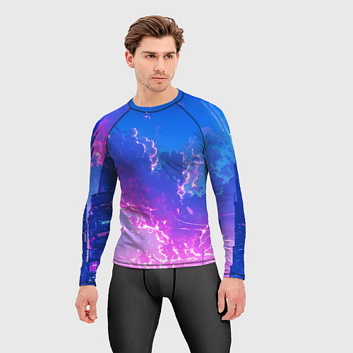 Мужской рашгард Розовые тучи на голубом небе киберпанк / 3D-принт – фото 3