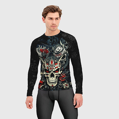 Мужской рашгард Маска Хання на черепе самурая на фоне духов / 3D-принт – фото 3