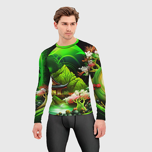 Мужской рашгард Природа Японии в зеленых цветах / 3D-принт – фото 3