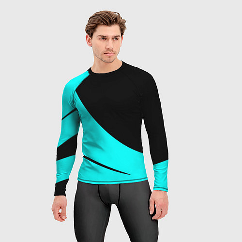 Мужской рашгард Чёрный и неоновый голубой двуцветный с полосой / 3D-принт – фото 3