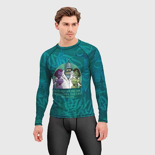 Мужской рашгард Футурама: Бендер с роботессами на малахитовом / 3D-принт – фото 3