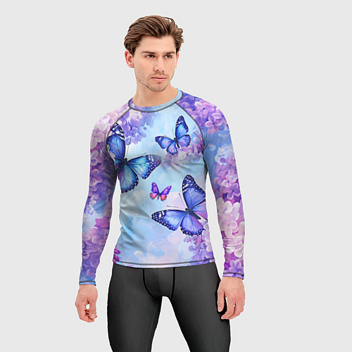 Мужской рашгард Бабочки и сирень - нежная голубая живопись / 3D-принт – фото 3