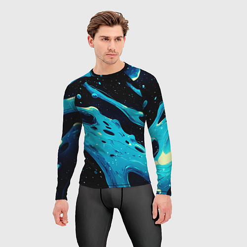Мужской рашгард Синие волны краски на черном / 3D-принт – фото 3