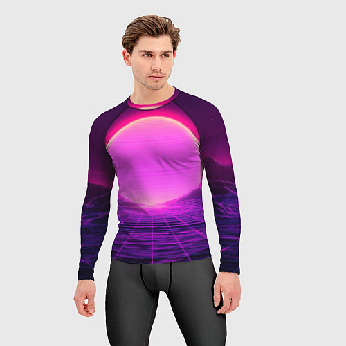 Мужской рашгард Синтвейв ретровейв неоновый узор и солнце / 3D-принт – фото 3