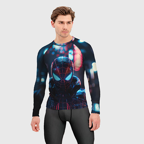 Мужской рашгард Человек-паук в вечернем городе / 3D-принт – фото 3