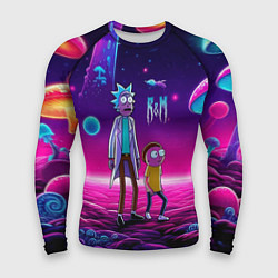 Мужской рашгард Морти и Рик на планете неоновых сказочных грибов
