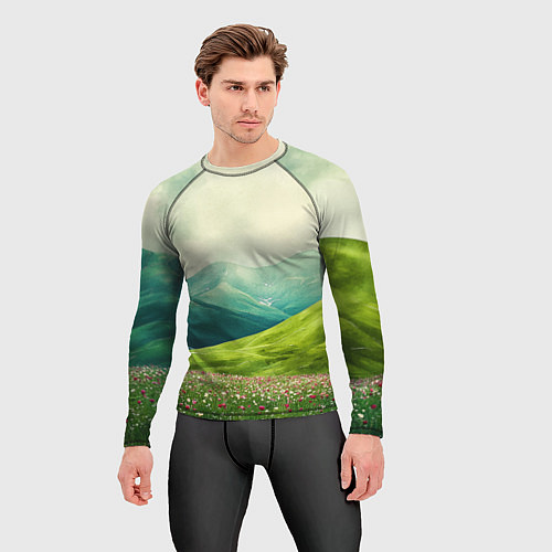 Мужской рашгард Горы и поле с цветами - зеленый пейзаж / 3D-принт – фото 3