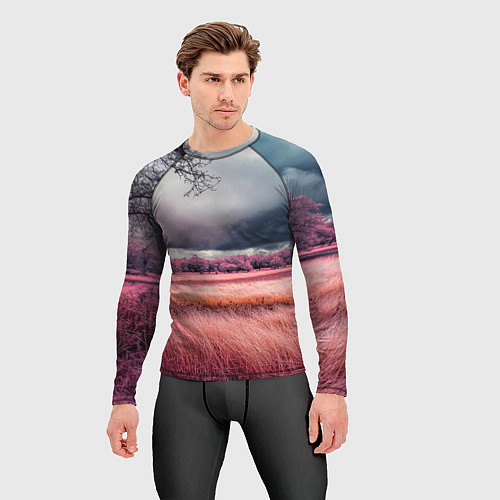 Мужской рашгард Поле и деревья пейзаж - инфракрасный стиль / 3D-принт – фото 3