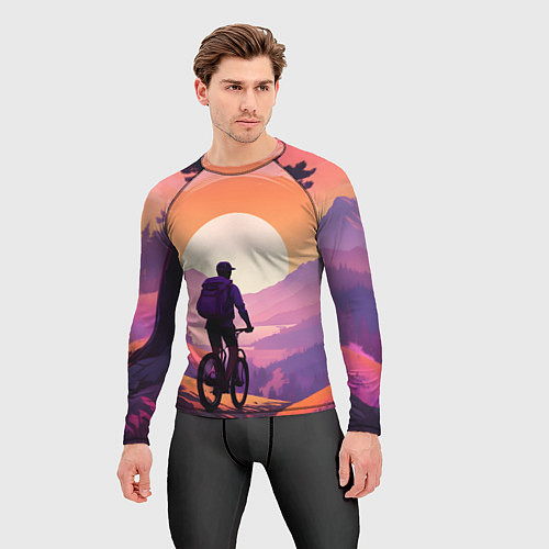 Мужской рашгард Велосипедист в малиновом закате / 3D-принт – фото 3
