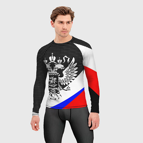 Мужской рашгард Герб России и государственный флаг на чёрном фоне / 3D-принт – фото 3
