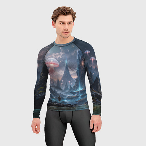 Мужской рашгард Фантастический мир с медузами и озеро у гор / 3D-принт – фото 3