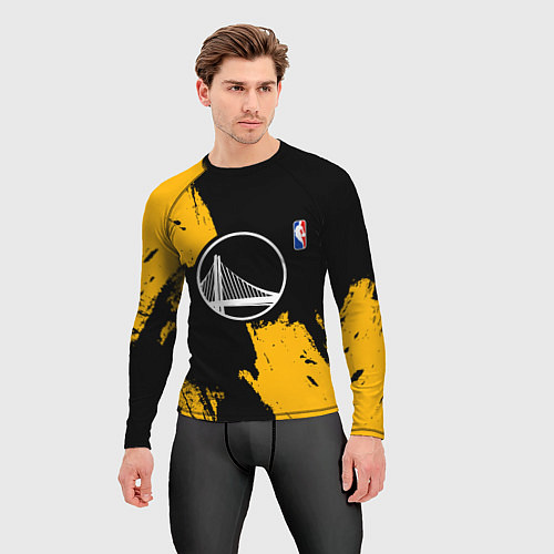 Мужской рашгард Голден Стэйт Уорриорз - брызги желтой краски / 3D-принт – фото 3