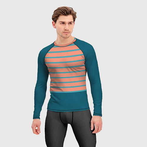 Мужской рашгард Полосатый мандариновый морской рассвет с однотоном / 3D-принт – фото 3