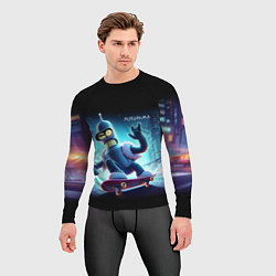 Рашгард мужской Bender is a skateboarder in neon street - ai art, цвет: 3D-принт — фото 2