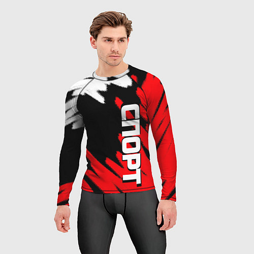Мужской рашгард Спорт бело-чёрно-красный штрихи / 3D-принт – фото 3