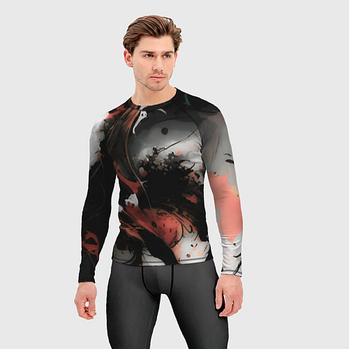 Мужской рашгард Тёмные краски абстракция красно-чёрный / 3D-принт – фото 3