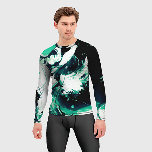 Мужской рашгард Чёрно-зелёный абстракция волна / 3D-принт – фото 3