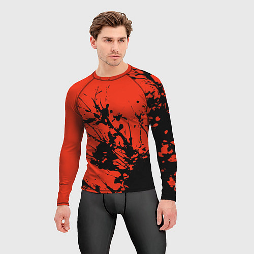 Мужской рашгард Взрыв чёрной краски на красно-оранжевом / 3D-принт – фото 3