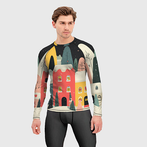 Мужской рашгард Разноцветные новогодние дома / 3D-принт – фото 3