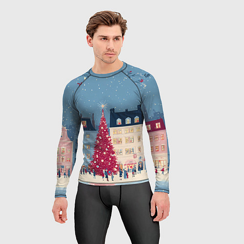 Мужской рашгард Новогоднее гуляние у красной елки / 3D-принт – фото 3