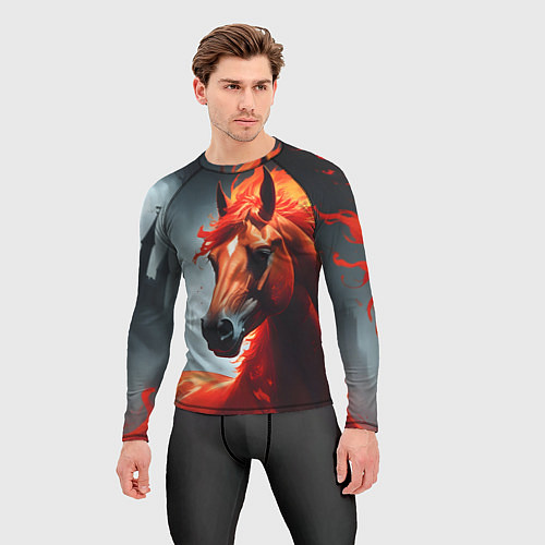 Мужской рашгард Огненная лошадь на сером / 3D-принт – фото 3