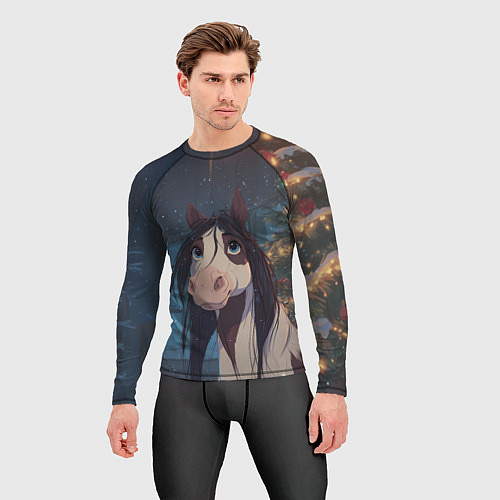Мужской рашгард Белая пятнистая новогодняя лошадка / 3D-принт – фото 3
