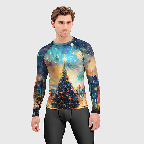 Мужской рашгард Новогодняя елка за городом / 3D-принт – фото 3