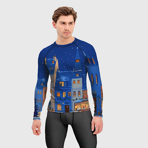 Мужской рашгард Синяя новогодняя елочка во дворе / 3D-принт – фото 3