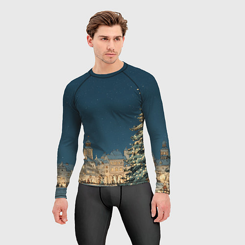 Мужской рашгард Новогодняя атмосфера в городе / 3D-принт – фото 3